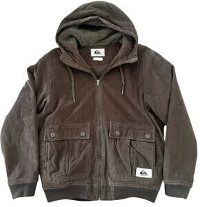 Quiksilver Corduroy Hooded Jacket Sherpa Lined Brown Skate Workwear Size L EUC